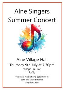 Alne Singers Summer Concert flyer. Thursday 9th July at 7.30pm, Alne Village Hall